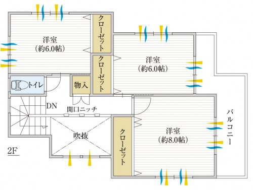 明るくて風通しの良い4面採光の2階間取りプラン