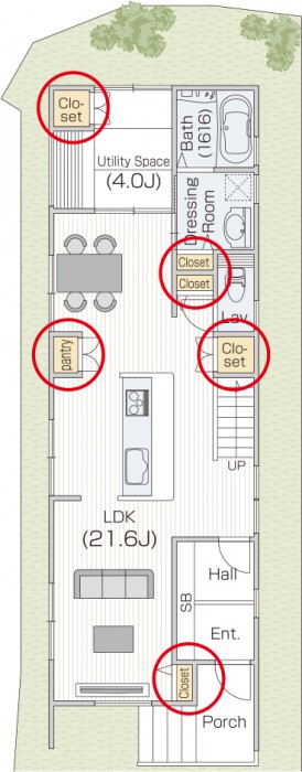各空間に壁面収納を完備。スッキリ空間に