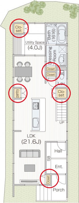 各空間に壁面収納を完備。スッキリ空間に