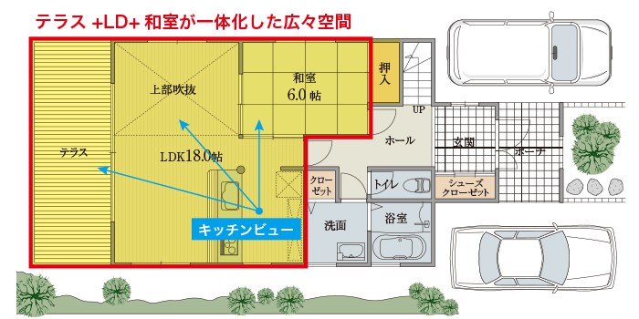 キッチン中心にテラスと和室の一体化で広々空間の間取り