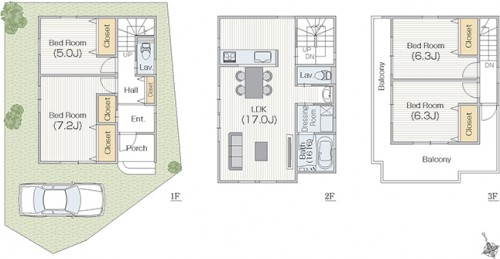 南東玄関30坪4LDK 3階建｜2階リビングのオシャレな間取り