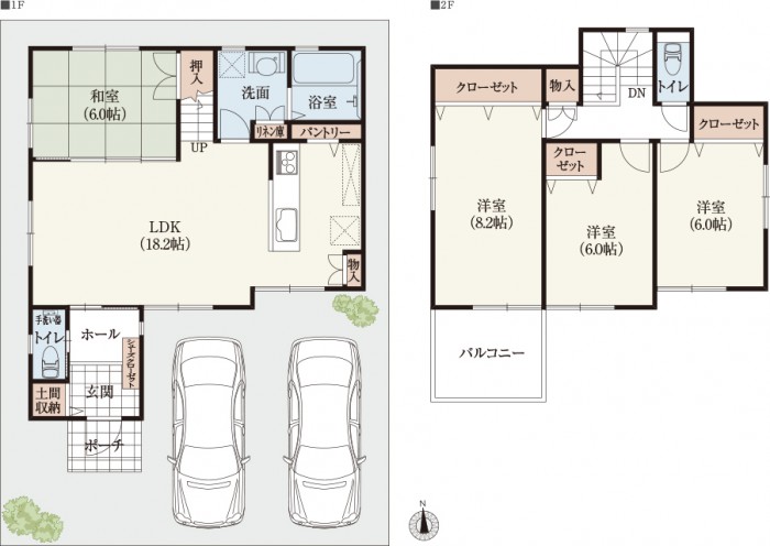 【南玄関30坪台2階建て】 玄関＆キッチン収納付き家事動線の間取り