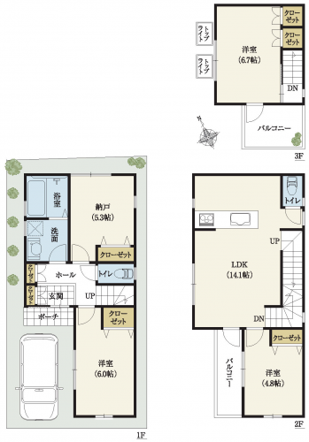 3階建間取り｜20坪台土地3LDK+納戸、トップライト付きLDK