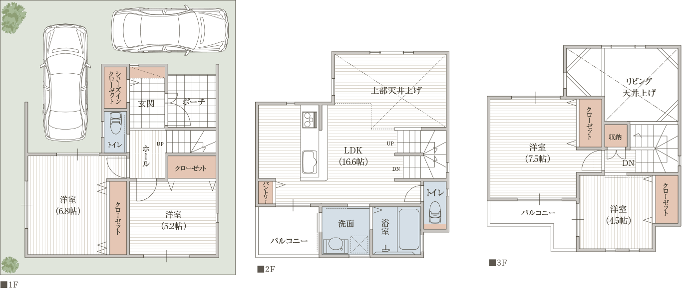 3階建間取り 坪台土地に吹抜けリビングのオシャレな家