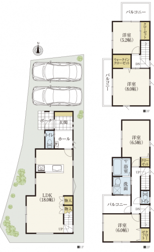 3階建間取り｜30坪台土地に4LDK+P2台、南北に細長い家