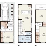 狭小＆縦長敷地、28坪、3階建て2階リビングの家事動線間取り