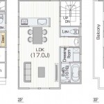 30坪4LDK総2階建て。 17帖の2階リビング＋浴室・洗面室+バルコニーの間取り