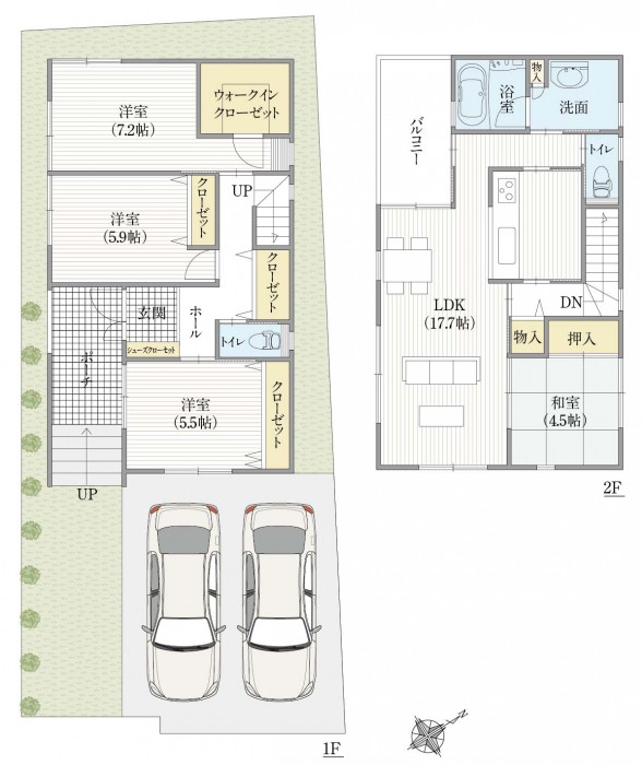 30坪4LDK総2階建て。キッチン中心に水回り・バルコニーを固めた2階リビング間取り