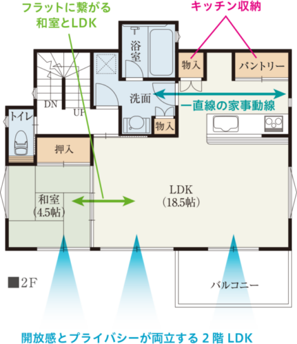 炊事と洗濯の家事がワンフロアで完結する2階リビング